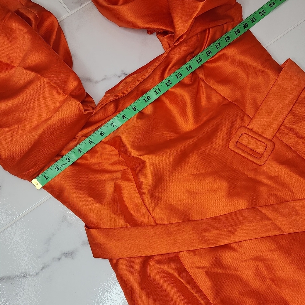 ASOS LUXE Curve belted drama sleeve structured satin midi dress in hot orange - Picture 6 of 10